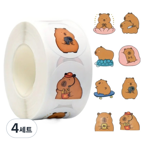 아트조이 원형 카피바라 롤 스티커 500p 세트, 4세트, A형 4세트, A형