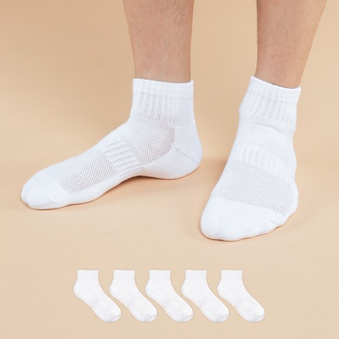착스 남성용 데오드란트 파워 쿠션 스포티 메쉬 단목 양말 5켤레, 화이트, 1세트