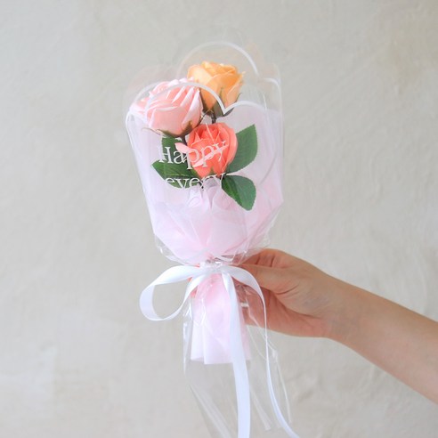 센트바스켓 조화 해피에브리 퀸장미 3송이 비누꽃 꽃다발, 코랄, 1개