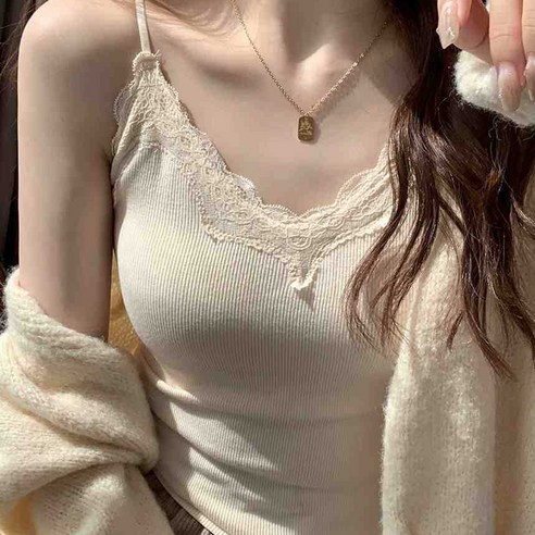 라라티나 여성용 재스터 브이넥 레이스 골지 이너 브라패드포함 끈나시