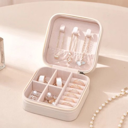 사각 휴대용 주얼리 목걸이 반지 보석함, 아이보리, 1개