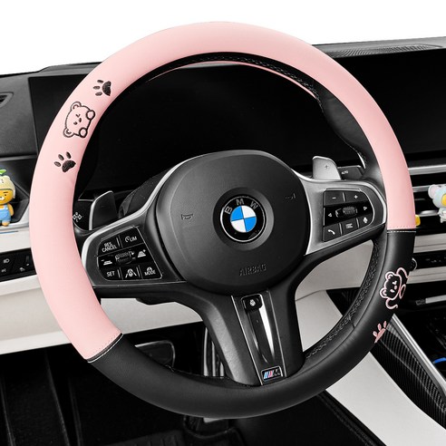 여성용 귀여운 허니베어 가죽 전차종공용 자동차 핸들커버 이미지 3