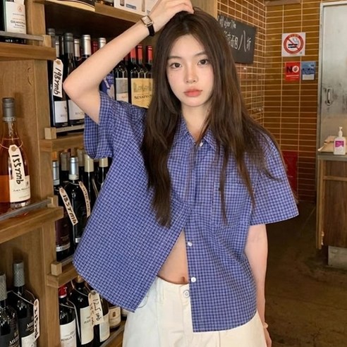 여성용 썸머 블루 체크 루즈핏 반팔 셔츠