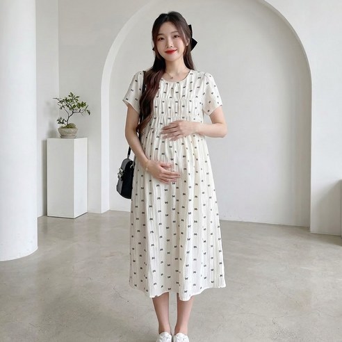 알럽홈 여성용 리본 패턴 임부복 반팔 임산부 원피스 L263-0301