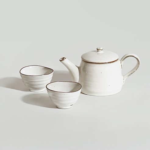 이도 도자기 다기 3p 세트, 온유(화이트 + 브라운), 1세트, 주전자 + 찻잔 2p