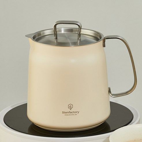Stenfactory 304不鏽鋼陶瓷塗層IH電磁爐水壺, 2L, 奶油色+ 不鏽鋼, 1個
