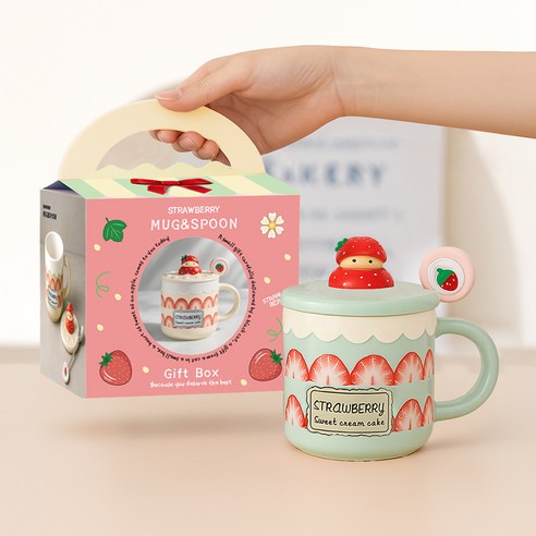레토 딸기 머그컵 + 뚜껑 + 스푼 선물패키지 세트 400ml LMC-S03, 민트, 1세트