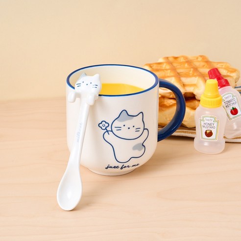 버터 햅삐데이 밀크캣 머그컵 350ml + 스푼 세트, WHITE, 1세트