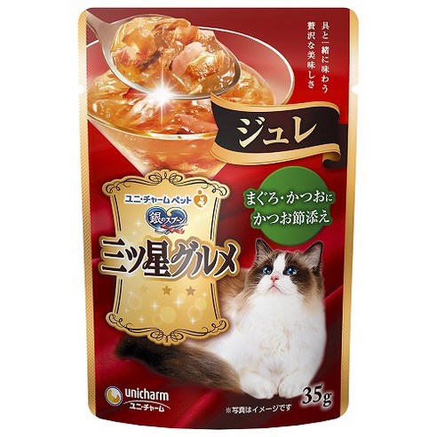 유니참긴노스푼 고양이 미쓰보시 구루메 쥬레 습식 파우치, 혼합맛(참치/가다랑어포), 35g, 1개