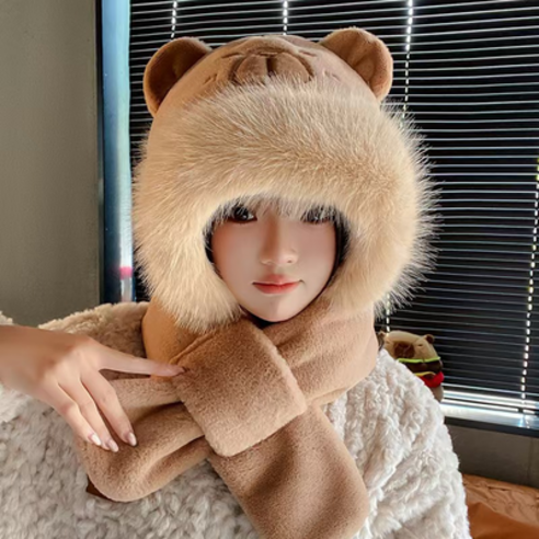 키포포 한겨울 보드 스키 방한 일체형 모자 목돌이, 카키 카피바라, 1개