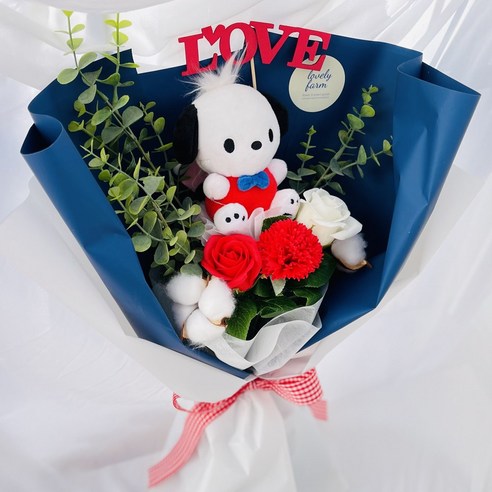 러블리팜 비누꽃 산리오 캐릭터 인형 꽃다발, 포차코, 1개