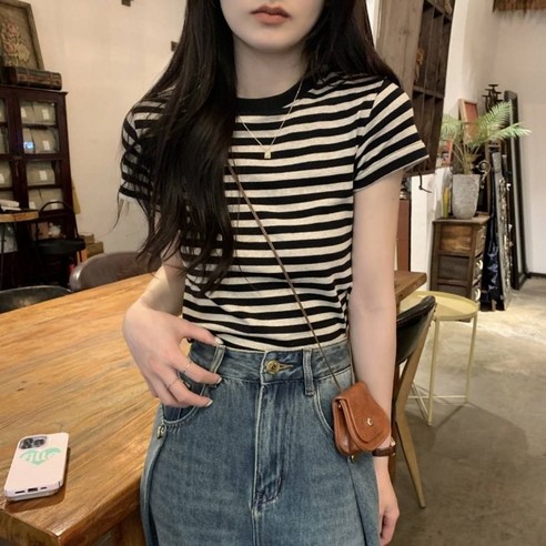 아이엠몽 여성용 페로나 스트라이프 반팔 캐주얼 티셔츠