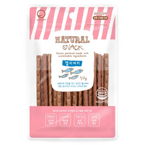 굿데이 네츄럴 스낵 고양이 간식, 멸치져키, 50g, 1개