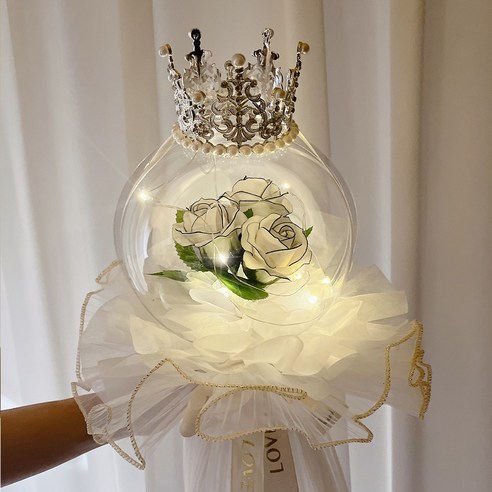 러블리팜 조화 큐빅 티아라 장미 매직벌룬 LED꽃다발 라인장미, 1개, 화이트