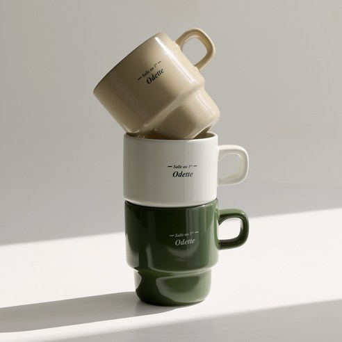 이우아여사 오데뜨 레터링 쌓을 수 있는 머그컵 370ml 3종 세트, 베이지, 화이트, 그린, 1세트