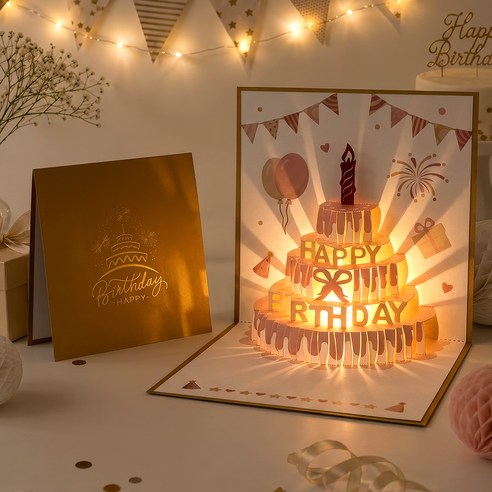 리드홈 골든 LED 3D 입체 생일축하 뮤지컬 멜로디 팝업카드 세트, 핑크, 1세트