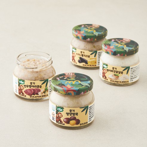 cle 중기 7~8개월 한우병아리콩죽 150g + 영양밤죽 150g + 팽이버섯닭살죽 150g + 가지나물치즈죽 150g 클레 이유식 B세트, 1세트