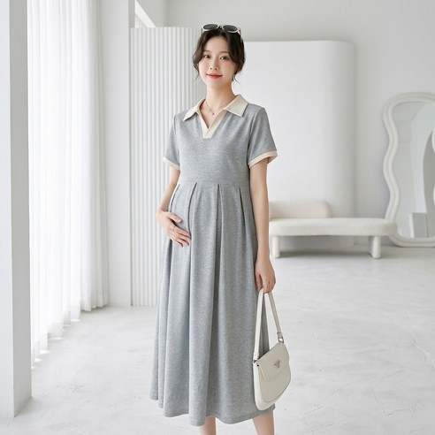 알럽홈 여성용 깔끔 브이넥 칼라 플리츠 롱 임산부 원피스 L263-0299