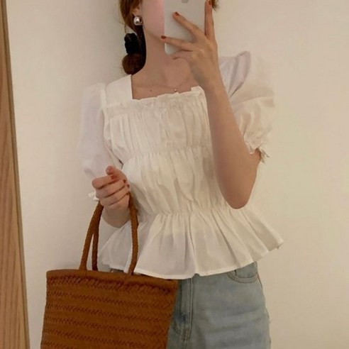 아이엠몽 여성용 벨로브 스모크 밴딩 퍼프 블라우스