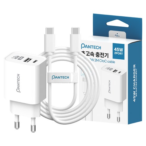 팬택 45W 2포트 C타입 초고속충전기 + 60W C to C 케이블 2m 세트, 화이트, 1세트