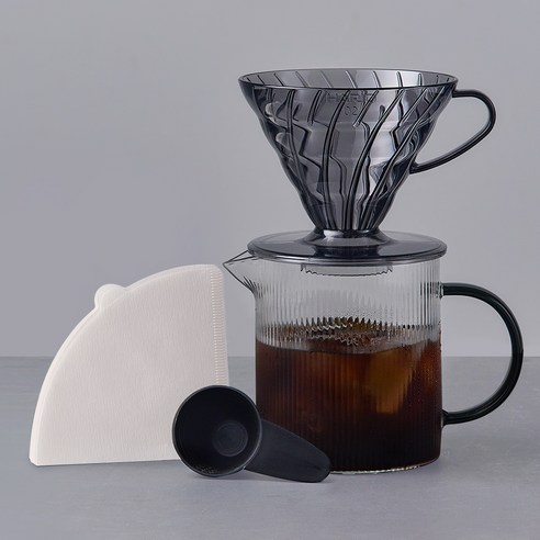 빈플러스 하리오 커피 입문 핸드드립 V60, 700ml, 1세트, 드리퍼 블랙 + 빈플러스 일자형 플리츠 서버 블랙손잡이 + 여과지 40p + 계량스푼 블랙 12g