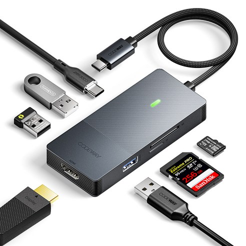 코드웨이 7포트 USB C타입 노트북 멀티허브, 블랙, 1개
