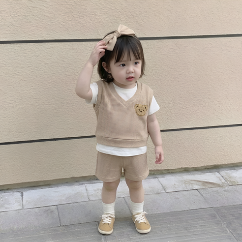 베베니즈 와플레이어드 곰패치 반팔 상하의 세트