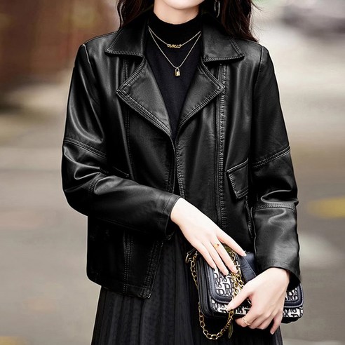 퀸이즈 여성용 투포켓 지퍼 디테일 레더 자켓