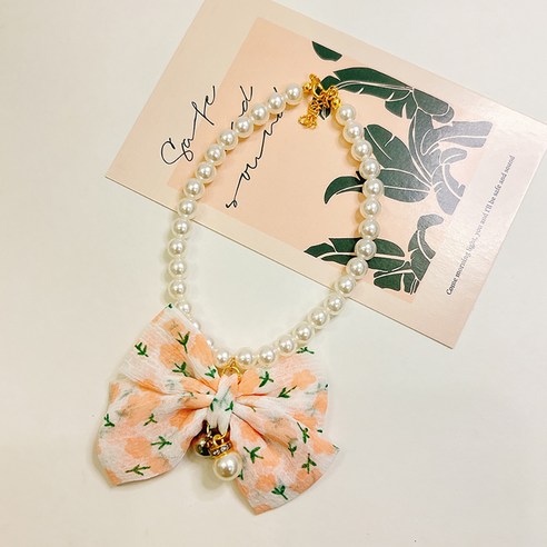 웨이비데이즈 강아지 리본 레이스 진주 목걸이 W265-0228, 핑크(W265-0228PIM), 1개