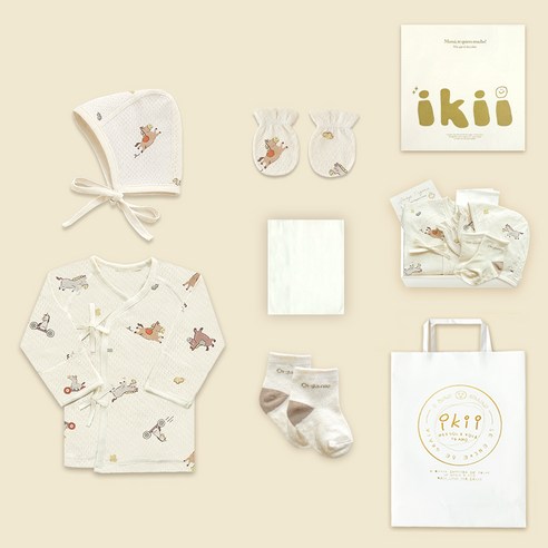 ikii 오가닉 시원한 메쉬 긴소매 배냇저고리 + 모자 + 손싸개 + 손수건 + 양말 + 선물포장 세트 + 쇼핑백