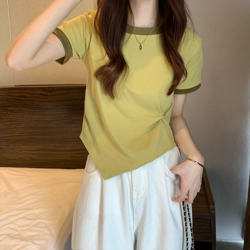 선빛 여성용 루다 셔링 배색 반팔 티셔츠