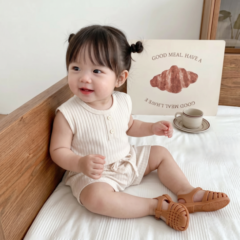 스타도어 신생아용 단추 포인트 골지 민소매 상하의 세트