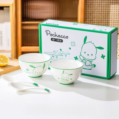 산리오 도자기 선물세트, 포차코, 1세트, 포장 상자 + 그릇 2p + 작은 국자 2p