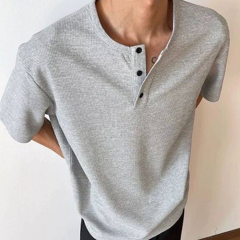 제이티엘 남성용 단추 와플면 라운드 반팔 티셔츠