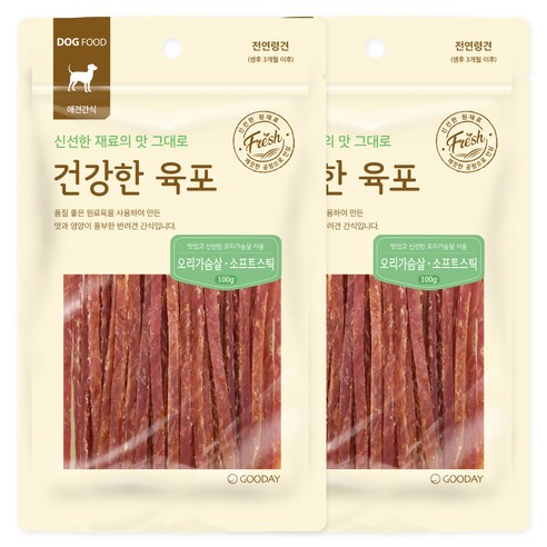굿데이 강아지 건강한 육포 간식, 오리가슴살 소프트스틱, 100g, 2개