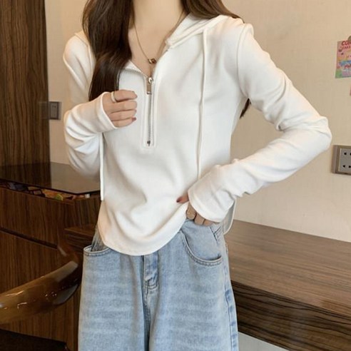 구디프 여성용 심플 하프 지퍼 후드티
