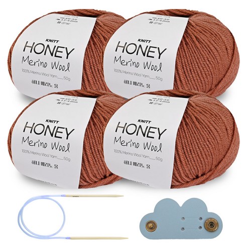 니뜨 허니 메리노 울 뜨개실 50g x 4p + 줄바늘 4.0mm + 케이블홀더 세트, 1개, 08 브릭브라운