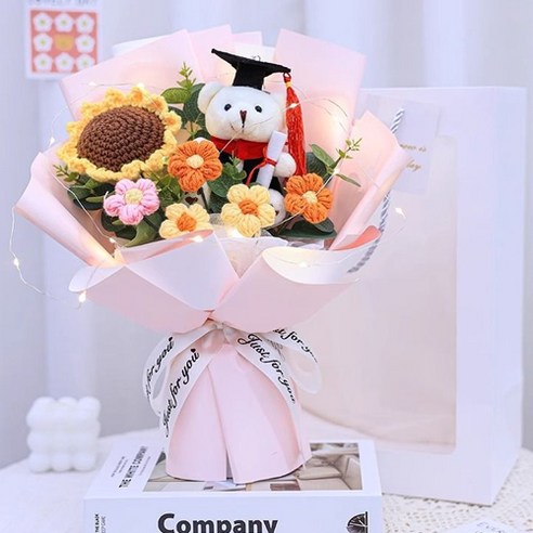 Yumseu Pack Haksik Joleopsik Saeng Chukha Haksamo Gominhyeong Kkotdabal + Syopingbaek , Pink , 1 Pack (윰스 입학식 졸업식 생일 축하 학사모 곰인형 꽃다발 + 쇼핑백, 핑크, 1개)