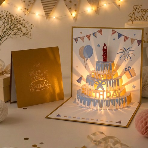 리드홈 골든 LED 3D 입체 생일축하 뮤지컬 멜로디 팝업카드 세트, 블루, 1세트