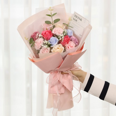 조아트 조화 기념일 선물 비누꽃 파스텔 꽃다발 + 쇼핑백 세트, 체리핑크, 1개
