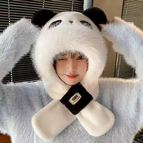 키포포 한겨울 보드 스키 방한 일체형 모자 목돌이, 흑백 팬더, 1개