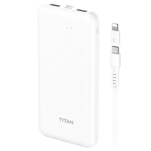 타이탄 듀얼 파워 보조배터리 10000mAh + C타입 케이블 + 8핀 젠더, 화이트, KM-PB10C8