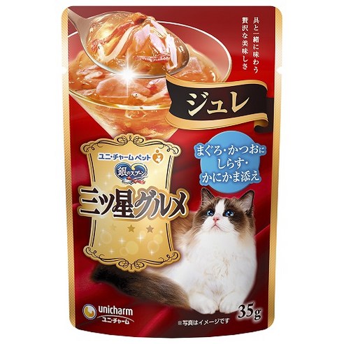 유니참긴노스푼 고양이 미쓰보시 구루메 쥬레 간식, 혼합맛(가다랑어/참치/멸치/게맛살), 35g, 1개