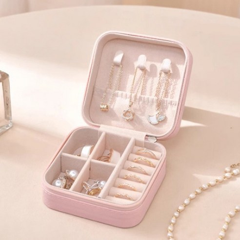 사각 휴대용 주얼리 목걸이 반지 보석함, 핑크, 1개