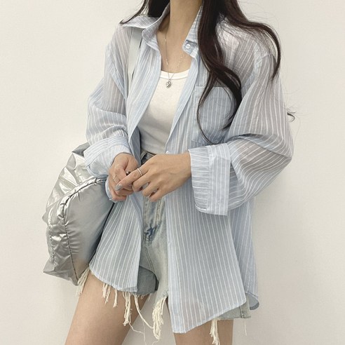 여성용 위드후이린 오션 스트라이프 단가라 루즈핏 남방 셔츠