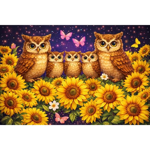 실십자수 해바라기 황금 부엉이 가족 골드 돈 부귀영화 세트 패키지 diy 풀구성, 1개, 40x50cm 면사 3가닥자수