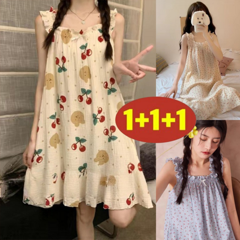 오스틱니 (26년) 80kg까지 1+1+1 빅사이즈 여성 러블리한 프릴 원피스 잠옷 여름 루즈핏 프린트 리본 디자인 얇은 부드러운 귀여운 예쁜 a라인 민소매 홈웨어 수면옷 - 슬립