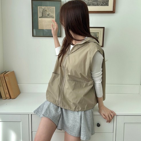 메이징 여성용 루즈핏 바스락 A라인 스트링 조끼 후드 바람막이 자켓