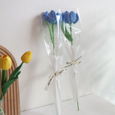 (당일발송) 이지유 뜨개 꽃 DIY 포장리본 세트 시들지않는 졸업식 화이트데이 프로포즈 선물, 2개, 블루 오픈 튤립