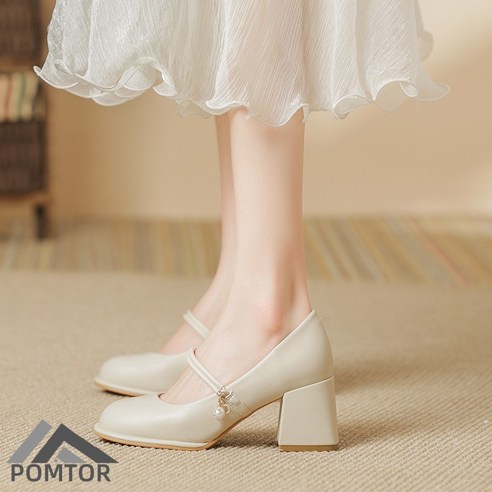 POMTOR 여성 세련된 하이힐 데일리 편안한 통굽 스트랩 힐 6CM